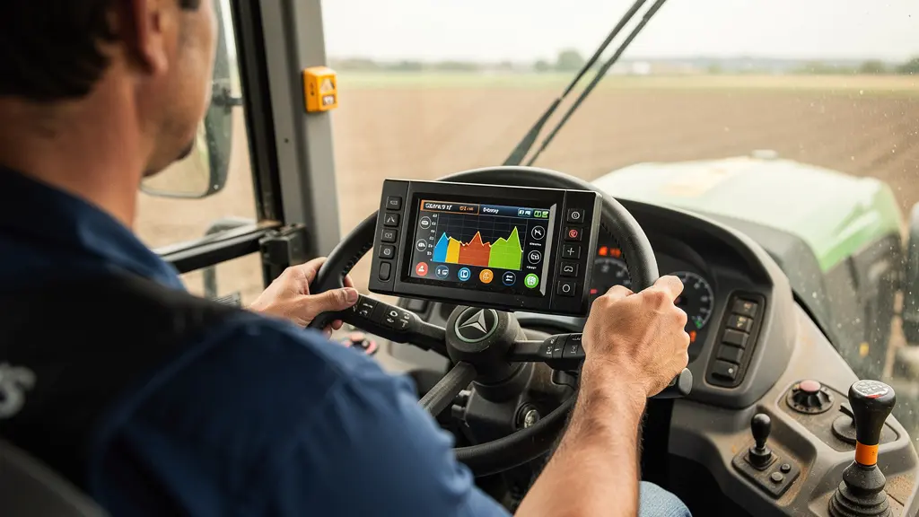 Agriculteur utilisant un écran de gestion dans la cabine de son tracteur
