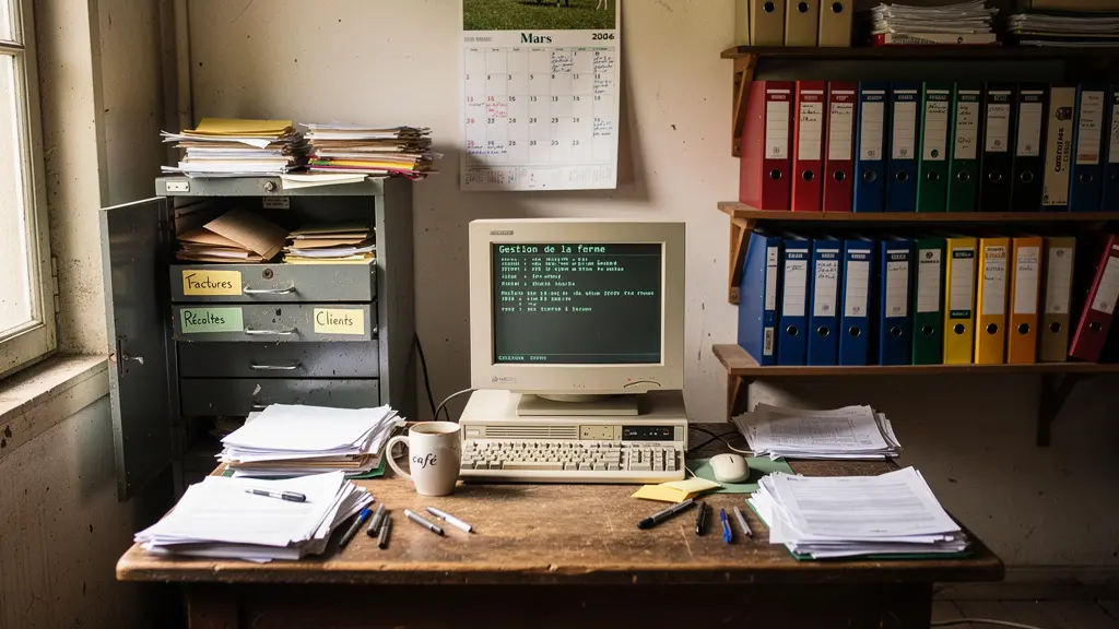 Bureau d'exploitation agricole avec classeurs et paperasse administrative