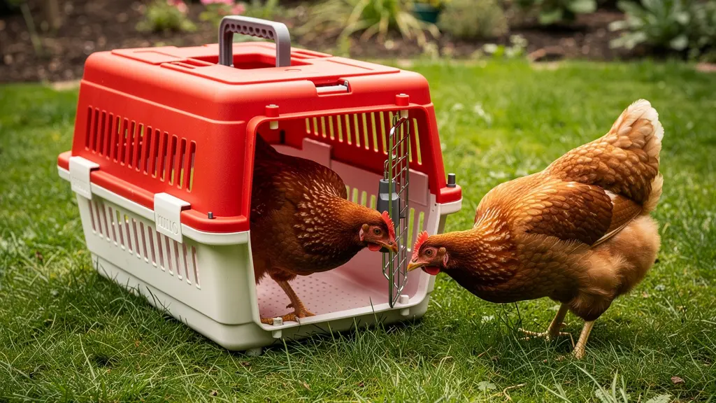 Cage de transport volaille ouverte avec poules rousses s'approchant dans un jardin
