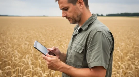 Exploitant agricole consultant un logiciel de gestion sur tablette dans un champ de blé