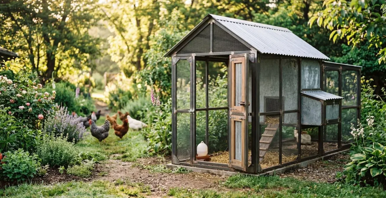 Vue partielle d'un enclos grillagé robuste dans un jardin verdoyant avec des poules en arrière-plan flouté