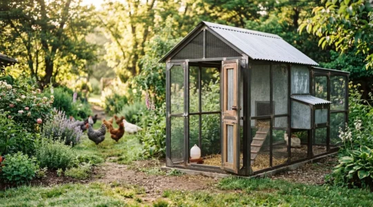 Vue partielle d'un enclos grillagé robuste dans un jardin verdoyant avec des poules en arrière-plan flouté