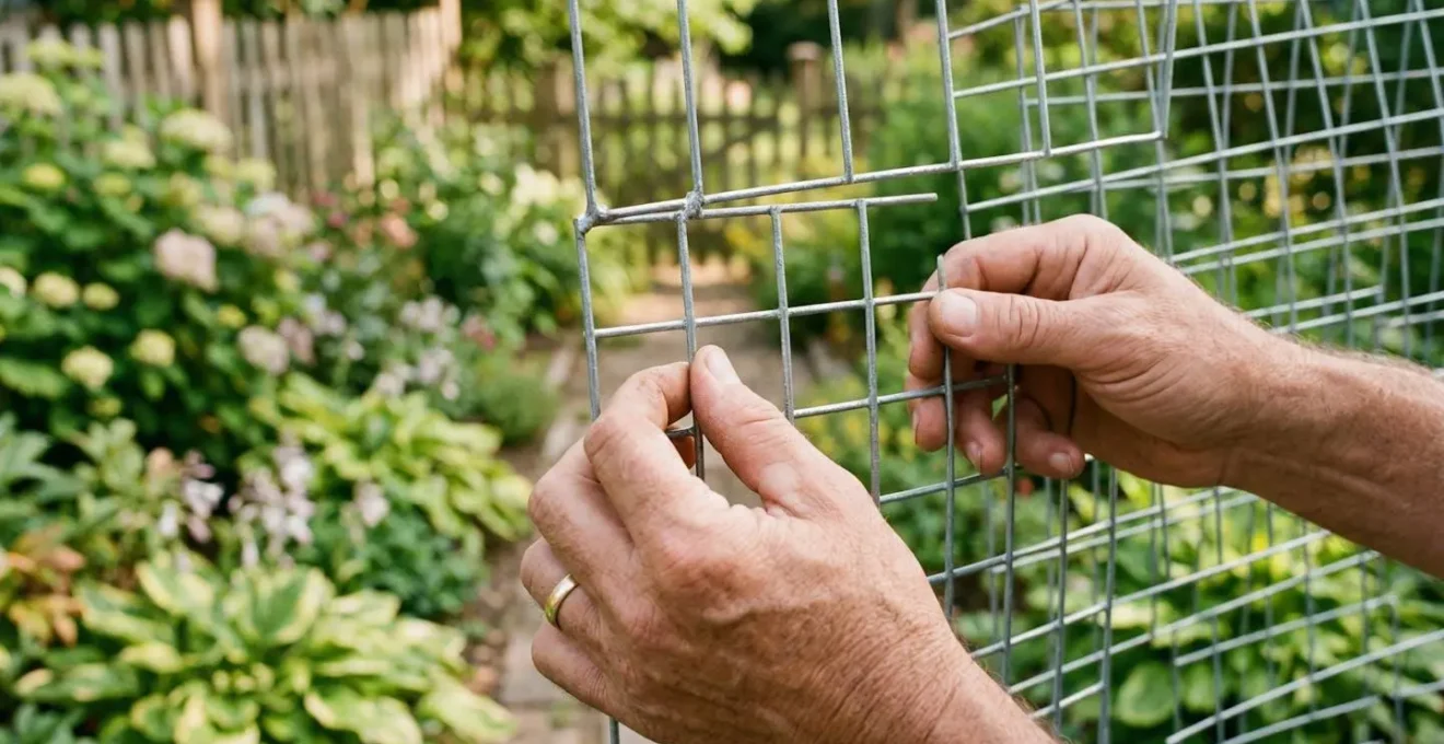 Gros plan sur une main inspectant un grillage soudé galvanisé avec des mailles visibles en détail