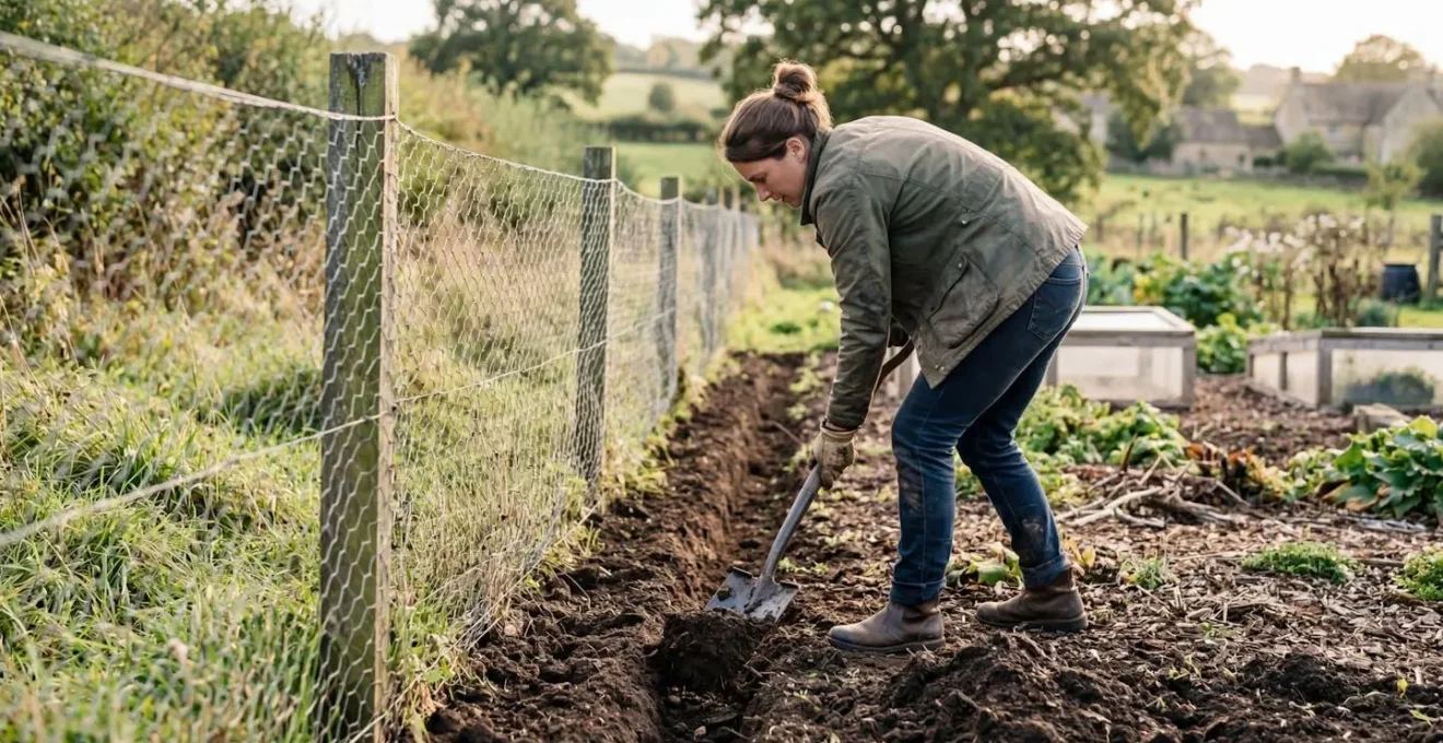 Vue de profil d'une personne creusant une tranchée le long d'une clôture de poulailler avec une pelle