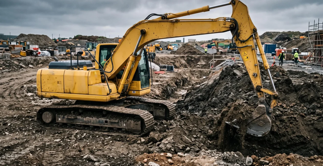 Pelleteuse hydraulique à chenilles excavant de la terre avec son bras articulé sur un chantier