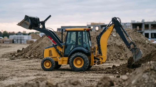 Tractopelle sur roues avec godet chargeur avant et bras excavateur arrière sur un chantier de terrassement