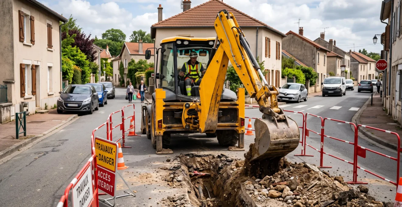 Tractopelle creusant une tranchée étroite pour des travaux de réseaux en zone semi-urbaine