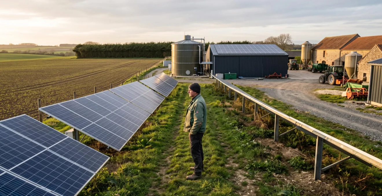 Une exploitation agricole française équipée de panneaux photovoltaïques au sol et d'une unité de méthanisation, avec un agriculteur debout entre les rangées de panneaux.