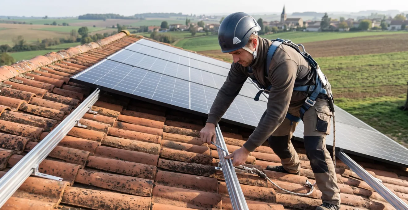 Un couvreur-électricien muni d'un harnais fixe les rails de montage de panneaux photovoltaïques sur le toit d'une grange française.