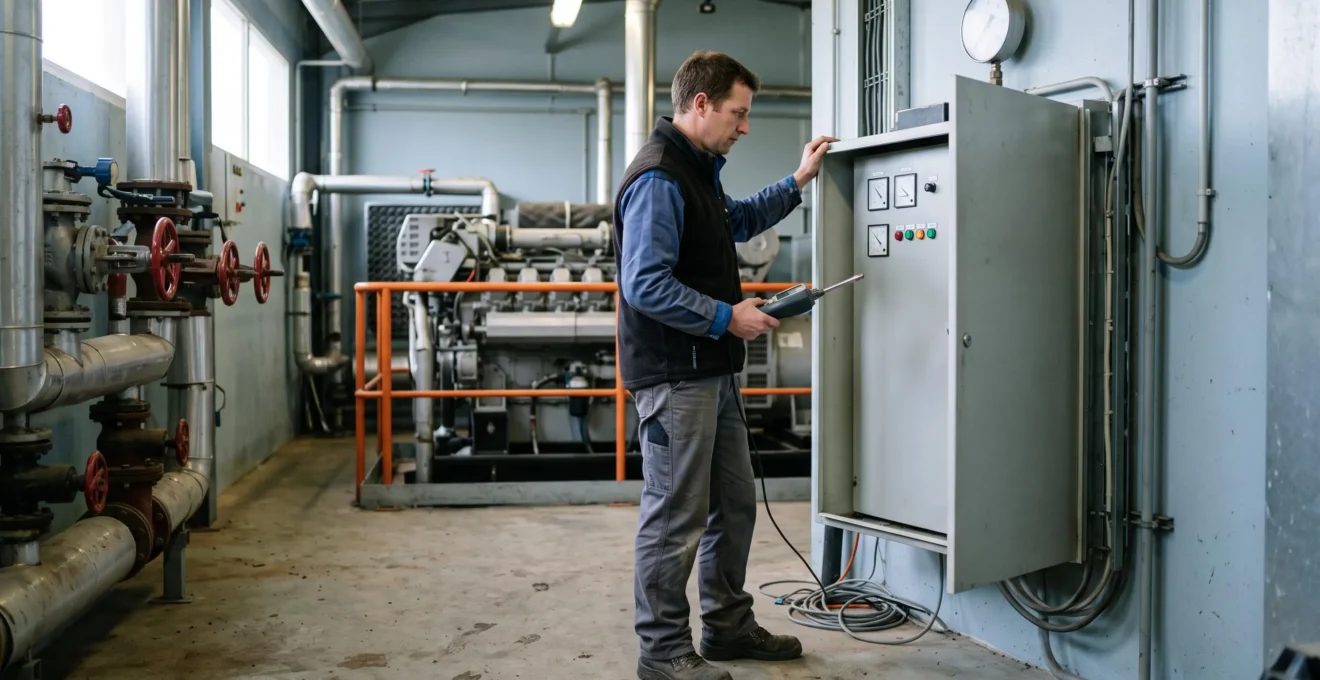 Un technicien contrôle une armoire de régulation et un analyseur portatif dans la salle technique d'une unité de méthanisation agricole.