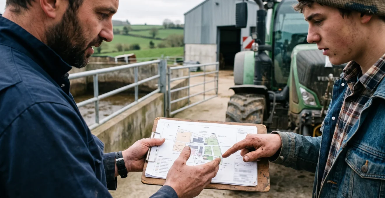 Un technicien et un jeune agriculteur examinent ensemble un plan de site lors d'une visite de faisabilité dans une ferme française.
